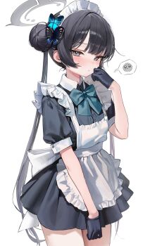 Rule 34 | 1girl, alternate costume, apron, black dress, black hair, blue archive, blush, bow, bowtie, butterfly hair ornament, closed mouth, commentary request, dress, enmaided, gloves, grey eyes, hair bun, hair ornament, halo, hand up, highres, kisaki (blue archive), long hair, looking at viewer, maid, maid apron, maid headdress, riko (rik0ring), short sleeves, simple background, solo, spoken emoji, sweat, white apron, white background, white gloves