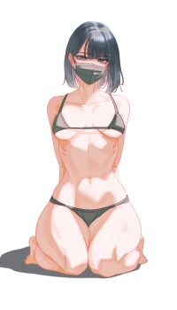 Rule 34 | 1girl, absurdres, arms behind back, bikini, black bikini, black hair, black mask, breasts, full body, green eyes, highres, linea alba, looking at viewer, mask, medium breasts, medium hair, mole, mole under eye, mouth mask, navel, nutzlos (pixiv 97134174), original, ribs, seiza, simple background, sitting, solo, swimsuit, white background