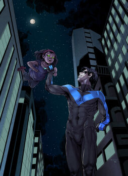 1boy 1girl batman_(series) bodysuit city dc_comics dick_grayson domino_mask eye_mask family father_and_daughter flying gloves glowing glowing_eyes green_eyes jewelry mask necklace night nightstar nightwing