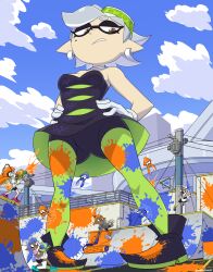 2boys 3girls 3others animal bike_shorts black_bike_shorts black_dress black_shoes blue_eyes blue_hair blue_shoes bomb breasts building cephalopod_eyes cloud cross-shaped_pupils dangerking11 dark_skin detached_collar dress earrings explosive eyewear_on_head firing from_below giant giantess gloves goggles goggles_on_head green_hat green_pantyhose grey_hair grey_shirt gun hands_on_own_hips hat headphones highres holding holding_gun holding_paint_roller holding_weapon ink_tank_(splatoon) inkling inkling_(swim_form) inkling_boy inkling_girl inkling_player_character jewelry jumping long_hair marie_(splatoon) marie_(squid_sisters_outfit)_(splatoon) medium_breasts mole mole_under_eye multiple_boys multiple_girls multiple_others nintendo open_mouth orange_eyes orange_hair paint paint_on_body paint_on_clothes paint_roller paint_splatter pantyhose pink_shoes pointed_footwear pointy_ears pole ponytail power_lines purple_shirt running shirt shoes short_hair short_sleeves skate_park sky skyscraper sneakers splat_bomb_(splatoon) splat_roller_(splatoon) splatoon_(series) splatoon_1 splattershot_(splatoon) squid squid_girl standing strapless strapless_dress symbol-shaped_pupils teeth tentacle_hair throwing upskirt weapon white_gloves white_shirt white_shoes yellow_eyes