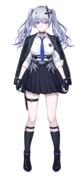 Rule 34 | 1girl, armored skirt, belt, black boots, black choker, black gloves, black jacket, black skirt, black socks, blue eyes, blue necktie, boots, breasts, chest harness, choker, closed mouth, collared shirt, cross, cross-shaped pupils, cross hair ornament, earrings, gloves, grey hair, guchico, hair ornament, harness, heterochromia, highres, holster, inverted cross, jacket, jewelry, kneehighs, knife, large breasts, long hair, long sleeves, necktie, neo-porte, open clothes, open jacket, pink eyes, pleated skirt, shirt, skirt, sleeves rolled up, socks, solo, symbol-shaped pupils, tented shirt, tentei forte, tentei forte (2nd costume), thigh belt, thigh holster, thigh strap, triangle earrings, twintails, virtual youtuber, white shirt