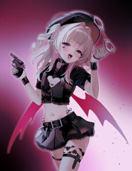 1girl absurdres alternate_costume black_skirt brown_hair cleavage_cutout clothing_cutout collar commentary_request cowboy_shot cure_heart_(artist) demon_wings fangs fishnet_gloves fishnets gloves gun hair_intakes half_gloves heart_cutout highres holding holding_gun holding_weapon leg_tattoo long_hair makaino_ririmu midriff miniskirt navel nijisanji open_mouth piercing pink_eyes pointy_ears police police_uniform policewoman short_sleeves skindentation skirt solo tattoo thigh_strap tongue_piercing two_side_up virtual_youtuber weapon winged_heart winged_heart_tattoo wings wrist_cuffs