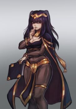 1girl black_eyes black_hair black_nails blunt_bangs bodystocking book breasts cleavage commentary dub_eek fire_emblem gradient_background grey_background highres holding holding_book large_breasts lips looking_at_viewer nintendo parted_lips solo tharja_(fire_emblem)