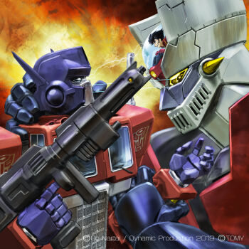 1970s_(style) 1980s_(style) 1boy autobot battle black_hair blue_eyes cannon clash crossover dated duel fighting hasbro headgear holding holding_weapon igunuk insignia kabuto_kouji machine machinery mazinger_(series) mazinger_z mazinger_z_(mecha) mazinger_z_vs._transformers mecha official_art oldschool optimus_prime pilder pilot_suit retro_artstyle robot science_fiction sideburns spiked_hair super_robot transformers weapon