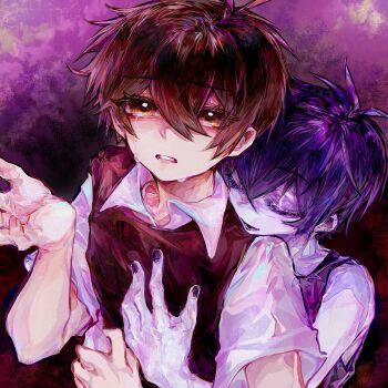 2boys :d absurdres alternate_eye_color alternate_hair_color antenna_hair bare_arms black_nails black_sweater_vest brown_hair chinese_commentary clenched_teeth closed_eyes collared_shirt colored_skin commentary_request cowboy_shot crossed_bangs crying crying_with_eyes_open dated_commentary double-parted_bangs dual_persona fingernails hair_between_eyes hand_up highres hug hug_from_behind looking_at_viewer lower_teeth_only male_focus mellocaa multiple_boys nail_polish omori omori_(omori) open_mouth out_of_character purple_background purple_hair purple_tank_top shirt short_hair short_sleeves simple_background smile sunny_(omori) sweater_vest tank_top tears teeth u_u upper_body very_short_hair white_shirt white_skin