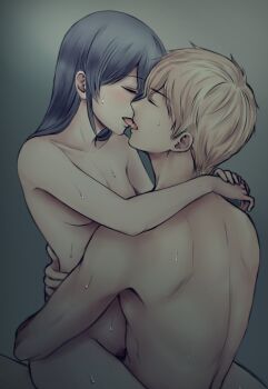 Rule 34 | 1boy, 1girl, arms around neck, black hair, blonde hair, blush, breasts, completely nude, corpse party, cpsuna5119, closed eyes, french kiss, hetero, highres, hug, kishinuma yoshiki, kiss, long hair, male pubic hair, nude, pubic hair, sex, shinozaki ayumi, short hair, sketch, small breasts, straddling, sweat, tongue, upright straddle, vaginal