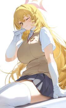 1girl blonde_hair blue_archive breasts cardigan_vest closed_mouth collared_shirt controller corrupted_twitter_file gloves halo highres holding holding_remote_control large_breasts long_hair miniskirt nine_(kanine41) one_eye_closed pleated_skirt remote_control school_uniform shirt shokuhou_misaki short_sleeves simple_background sitting skindentation skirt smile solo sparkling_eyes symbol_in_eye thighhighs thighs toaru_kagaku_no_mental_out toaru_kagaku_no_railgun toaru_majutsu_no_index tokiwadai_school_uniform very_long_hair white_background white_gloves white_shirt white_thighhighs yellow_eyes zettai_ryouiki