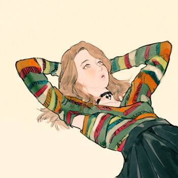 1girl armpits arms_behind_back black_choker black_skirt breasts brown_eyes brown_hair choker commentary_request cowboy_shot gomafuki highres invisible_floor looking_up lying medium_hair multicolored_shirt multicolored_shrug no_pupils on_back original parted_lips patchwork_clothes pendant_choker pleated_skirt shrug_(clothing) simple_background skirt small_breasts solo white_background