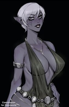 Rule 34 | 1girl, armlet, black background, black dress, black lips, breasts, center opening, cleavage, colored skin, commentary, commission, dark elf, dress, dungeons &amp; dragons, elf, facial tattoo, freckles, grey hair, hair between eyes, highres, jewelry, large breasts, lips, lipstick, looking at viewer, makeup, necklace, original, parted lips, pointy ears, purple eyes, purple skin, revealing clothes, short hair, simple background, solo, tattoo, ykshelter