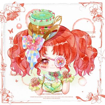 1girl :3 art_of_tailoring_(infinity_nikki) blue_bow border bow bowtie brown_eyes brown_gloves brown_hat buttons checkered_bow checkered_clothes chibi choker closed_mouth commission cropped_torso dress eyelashes eyepatch frilled_choker frilled_gloves frills gloves green_background green_bow green_bowtie hair_bow happy hat highres infinity_nikki light_blush light_particles lolita_fashion looking_at_viewer medium_hair multicolored_dress needle nikki_(series) orange_hair outline patchwork_clothes paw_pose pink_bow pink_choker polka_dot polka_dot_bow sample_watermark sewing_needle short_sleeves short_twintails smile solo stitched_face stitches tangguo_xiaolan tareme too_many_watermarks top_hat twintails two-tone_background watermark white_background white_border white_outline white_sleeves