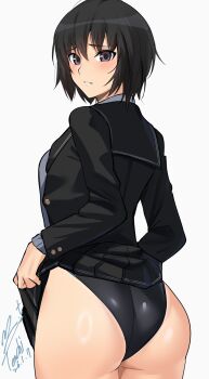 1girl amagami ass ass_focus black_eyes black_hair black_jacket black_one-piece_swimsuit black_sailor_collar black_skirt blazer blush clothes_lift commentary competition_swimsuit cowboy_shot dated from_behind highres jacket kibito_high_school_uniform lifting_own_clothes long_sleeves looking_at_viewer looking_back miniskirt nanasaki_ai one-piece_swimsuit open_clothes open_jacket parted_lips pleated_skirt presenting presenting_ass purple_eyes sailor_collar school_uniform serafuku shiny_skin short_hair signature simple_background skirt skirt_lift solo standing swimsuit swimsuit_under_clothes tan tanline white_background yoo_tenchi