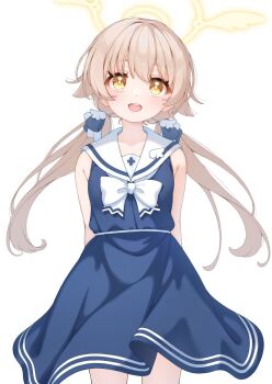Rule 34 | 1girl, alternate costume, arms behind back, blue archive, blue dress, bow, bowtie, cowboy shot, danbooru sample, dot nose, dress, hair flaps, hair ornament, halo, hifumi (blue archive), highres, image sample, light blush, long hair, looking at viewer, low twintails, non-web source, open mouth, sailor collar, sailor dress, school uniform, sidelocks, simple background, sleeveless, sleeveless dress, smile, solo, teeth, tsugaru (enoken), twintails, upper teeth only, white background, white bow, white bowtie, white sailor collar, wing hair ornament, yellow eyes, yellow halo