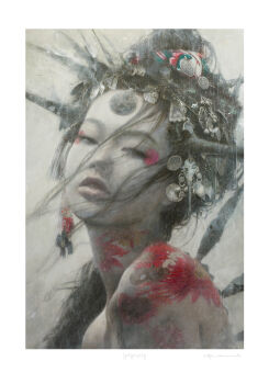 1girl absurdres asian black_hair border commentary english_commentary flower hair_ornament head_tilt highres long_hair looking_at_viewer malefic_time neck_tattoo parted_lips romulo_royo shoulder_tattoo signature solo tattoo traditional_media upper_body white_border