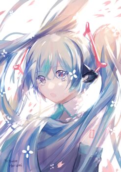 1girl :o absurdly_long_hair absurdres aqua_eyes aqua_hair aqua_neckwear artist_name artist_request bare_shoulders blue_eyes blue_hair blue_neckwear breasts clover-shaped_pupils collarbone female_focus hair_over_shoulder hatsune_miku highres long_hair medium_breasts parted_lips pink_petals shirt shoulder_tattoo smile solo symbol-shaped_pupils tatto tattoo twintails very_long_hair vocaloid white_background white_shirt yotsuba_harumi