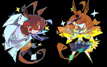 animal_ears black_background brown_hair character_request copyright_request crescent crescent_pin highres jacket looking_at_viewer pleated_skirt red_eyes ribbon skirt smile smorrskd source_request sparkle yellow_eyes