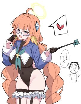 1boy 1girl :d ahoge aqua_neckerchief black_gloves black_leotard blue-framed_eyewear blue_archive blue_eyes blue_sleeves blunt_bangs braid breasts covered_navel cowboy_shot doodle_sensei_(blue_archive) fang feather_hair female_pubic_hair frilled_thigh_strap furrowed_brow glasses gloves groin hair_intakes half_gloves halo hands_up heart highleg highleg_leotard highres holding holding_riding_crop impossible_clothes impossible_leotard k-y large_breasts leotard long_hair long_sleeves looking_at_viewer low_twintails naughty_face neckerchief official_alternate_costume official_alternate_hairstyle open_mouth orange_hair pubic_hair riding_crop semi-rimless_eyewear sensei_(blue_archive) shimiko_(blue_archive) shimiko_(magical)_(blue_archive) shrug_(clothing) sidelocks simple_background skin_fang smile solo_focus speech_bubble spoken_heart sweatdrop thigh_strap thighs translation_request twin_braids twintails v-shaped_eyebrows very_long_hair white_background yellow_halo