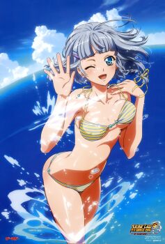 10s 1girl ;d absurdres ahoge arched_back banpresto bare_shoulders bikini blue_eyes blue_hair blue_sky blush body_blush bouncing_breasts braid breasts cloud collarbone copyright_name female_focus grey_hair hair_ornament hair_ribbon hairclip halterneck hand_on_own_shoulder highres hip_focus long_image looking_at_viewer matching_hair/eyes navel nishida_asako ocean official_art one_eye_closed open_hand open_mouth outdoors ribbon seolla_schweizer shiny_skin short_hair side_braid single_braid sky smile solo splashing striped_bikini striped_clothes super_robot_wars super_robot_wars_og_the_inspector super_robot_wars_original_generation super_robot_wars_original_generation_2 swimsuit tall_image text_focus thighs wading walking water wink
