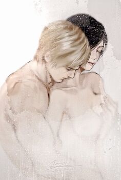 1boy 1girl ada_wong black_hair blonde_hair breasts closed_eyes collarbone commentary_request completely_nude couple dated hetero hug hug_from_behind kiss kissing_neck leon_s._kennedy medium_breasts meow_(cindy738) nude resident_evil shared_bathing short_hair shower_(place) showering signature toned toned_male upper_body wet