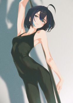 Rule 34 | 1girl, ahoge, arm up, armpits, bare arms, black bodysuit, black hair, blue hair, bodysuit, breasts, cohi27151463, commentary request, covered navel, double-parted bangs, earrings, grey eyes, highres, indie virtual youtuber, jewelry, medium breasts, mole, mole under eye, multicolored hair, pole, pole dancing, short hair, solo, streaked hair, stripper pole, virtual youtuber, yubari rei