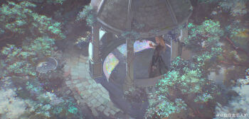 024_(1a41a4) 1boy absurdres beard black_coat blonde_hair branch chromatic_aberration coat connected_beard cup facial_hair fate/apocrypha fate_(series) from_above highres holding holding_cup incredibly_absurdres long_hair long_sleeves male_focus outdoors plant solo vines vlad_iii_(fate/apocrypha) wide_shot