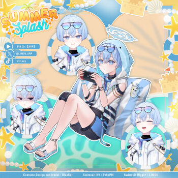 1girl algorhythm_project artist_request bare_legs black_shorts blue-framed_eyewear blue_eyes blue_hair closed_eyes controller eyewear_on_head feet game_controller halo highres holding holding_controller holding_game_controller hood hood_up hooded_jacket jacket l1mou_(algorhythm_project) multiple_views nintendo_switch official_art open_mouth pillow sandals shirt short_hair shorts tiktok_logo toes twitter_x_logo virtual_youtuber white_hood white_shirt youtube_logo