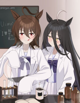 2girls absurdres agnes_tachyon_(umamusume) animal_ears black_hair bow brown_hair closed_mouth coffee coffee_mug commentary cup hair_between_eyes highres horse_ears horse_girl lab_coat long_hair manhattan_cafe_(umamusume) mug multiple_girls naoyuki_arts pleated_skirt purple_bow purple_shirt red_hair sailor_collar shirt short_hair skirt sleeves_past_fingers sleeves_past_wrists smile tongue tongue_out umamusume white_sailor_collar white_skirt yellow_eyes
