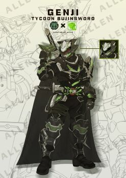 1boy animal_ears armor black_armor black_bodysuit bodysuit bujinsword_buckle cape commentary cosplay desire_driver english_commentary genji_(overwatch) glowing glowing_eyes highres kamen_rider kamen_rider_geats_(series) kamen_rider_tycoon kamen_rider_tycoon_bujinsword kamen_rider_tycoon_bujinsword_(cosplay) katana male_focus monallenster ootachi overwatch power_armor raccoon_ears raise_buckle red_eyes red_visor rider_belt scabbard sheath sheathed shogun sword tachi_(weapon) tokusatsu weapon