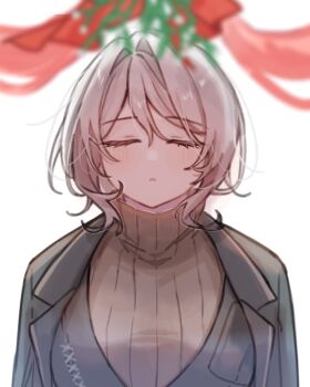 1girl black_suit breasts closed_eyes commentary facing_viewer faust_(project_moon) formal_clothes hair_between_eyes highres imminent_kiss large_breasts limbus_company looking_at_viewer mistletoe project_moon ribbed_sweater simple_background solo suit sweater symbol-only_commentary turtleneck upper_body wai_yo white_background white_hair white_sweater