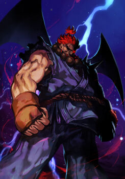 Rule 34 | akuma (street fighter), blue pants, blue tunic, clenched hand, cowboy shot, cyber-akuma, dougi, glowing, glowing eye, hungry clicker, marvel super heroes vs. street fighter, marvel vs. capcom, pants, partially shaded face, red eyes, red hair, short hair, spiked hair, street fighter, thunder, tunic, wings