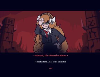 1girl annoyed arm_up black_jacket black_vest bow collared_shirt cowboy_shot english_text formal_clothes freckles green_eyes hair_bow hairband hand_on_own_forehead hand_on_own_hip hell helltaker highres ishmael_(project_moon) jacket limbus_company matoubaa necktie parody project_moon red_background red_necktie shirt solo style_parody suit vest wavy_mouth white_shirt