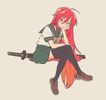 ahoge black_thighhighs brown_ribbon brown_shoes clip_studio_paint_(medium) commentary english_commentary green_skirt grin hand_on_own_cheek hand_on_own_face highres invisible_chair loafers long_hair looking_at_viewer mamanooke red_eyes red_hair ribbon sailor_collar school_uniform serafuku shakugan_no_shana shana shirt shoes sitting skirt smile sword thighhighs very_long_hair weapon white_background white_shirt zettai_ryouiki