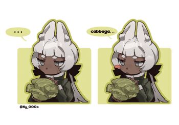 ... 1girl animal_ears bow cabbage charon_(project_moon) chibi commentary dark_skin english_commentary grey_eyes hair_bow highres limbus_company ny_000a project_moon rabbit_ears twintails