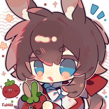 1girl ahoge alternate_costume amiya_(arknights) animal_ear_fluff animal_ears arknights artist_name blue_eyes blush_stickers bow bowtie brown_hair brown_outline chibi chinese_commentary collared_shirt commentary_request eyes_visible_through_hair flower hair_between_eyes hair_bow happy highres holding holding_stuffed_toy long_hair long_sleeves looking_at_viewer low_ponytail notice_lines open_mouth orange_flower outline ponytail rabbit_ears rabbit_girl red_bow red_shirt shirt smile solo sparkle stuffed_animal stuffed_toy tomato upper_body very_long_hair white_background white_bow white_bowtie xianyu_fish