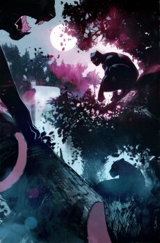 1boy black_panther black_panther_(marvel) black_panther_(series) blue_sky branch comic_cover commentary english_commentary eyed_silhouette full_moon glowing glowing_eyes highres jungle leaf marvel moon muscular muscular_male nature night official_art open_mouth outdoors panther sharp_teeth silhouette simone_di_meo sky solo_focus squatting superhero_costume teeth textless_version water waterfall