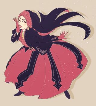 1girl animification arabian_clothes artist_request black_hair commentary_request disneyland dress earrings farja formal_clothes full_body gloves jewelry lipstick long_hair long_sleeves makeup non-web_source one_eye_closed red_gloves simple_background smile solo source_request translation_request