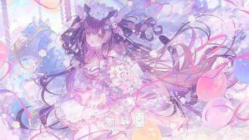 1girl animal_ear_fluff animal_ears balloon bouquet bow breasts carousel cleavage commentary commission detached_collar dress floating_hair flower gloves hair_bow highres long_hair looking_at_viewer open_mouth original pink_bow pink_dress pink_ribbon purple_eyes purple_hair ribbon swept_bangs symbol-only_commentary umehara_sei wavy_hair white_gloves