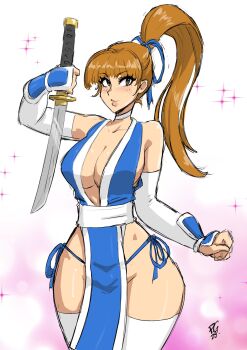 1girl breasts brown_eyes brown_hair cleavage dead_or_alive elbow_gloves gloves kasumi_(doa) large_breasts lips long_hair paddy_g_(terrybrogard) pelvic_curtain ponytail sleeveless sword thighhighs weapon wide_hips