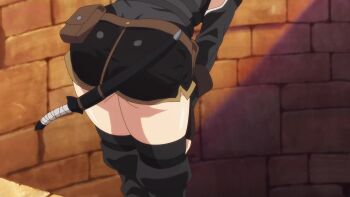 1girl animated anime_screenshot ass black_gloves black_hair black_romper black_shorts black_thighhighs blue_eyes breasts closed_eyes elbow_gloves gloves hair_ribbon highres medium_breasts medium_hair nageki_no_bourei_wa_intaishitai red_ribbon ribbon romper shirt shorts smile sound tagme thick_thighs thighhighs thighs tino_shade video white_shirt