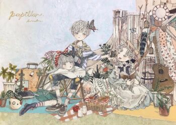 1boy 2girls acrylic_paint_(medium) apple birdcage blanket blouse blue_sky blunt_bangs book bottle bug butterfly cage checkered_blanket collar commentary_request curly_hair day dress expressionless flower food frilled_collar frills fruit full_body garden grass grey_eyes grey_hair guitar hair_ornament hair_ribbon hairband hat holding holding_book insect instrument karintoun leaning long_sleeves lying medium_hair multiple_girls open_mouth original outdoors painting_(medium) pale_skin picnic picnic_basket plant potted_plant ribbon scarf shirt shoes short_hair signature sitting skirt sky smile socks straight-on striped_clothes striped_shirt striped_socks suitcase tent traditional_media watercolor_(medium)