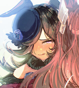 2girls animal_ears black_hair blue_flower blue_hat blue_rose blush brown_hair close-up commentary_request crying crying_with_eyes_open dress ears_down fascinator flipped_hair flower fur_choker hair_flaps hair_over_one_eye half-closed_eyes hat hat_flower highres horse_ears horse_girl hug long_hair mihono_bourbon_(mb-19890425)_(umamusume) mihono_bourbon_(umamusume) multiple_girls off-shoulder_dress off_shoulder open_mouth orusun purple_eyes rice_shower_(rosy_dreams)_(umamusume) rice_shower_(umamusume) rose streaming_tears swept_bangs tears tilted_headwear umamusume