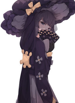 1girl black_eyes black_gloves black_hair black_kimono commentary covered_mouth cowboy_shot english_commentary fan_over_face folding_fan from_side gloves grey_shirt hakama hakama_skirt hand_fan hat highres holding holding_fan hololive hololive_english japanese_clothes kimono long_hair looking_at_viewer low-tied_long_hair malvar mole mole_under_eye ninomae_ina&#039;nis shirt simple_background skirt solo straight_hair very_long_hair virtual_youtuber white_background witch witch_hat