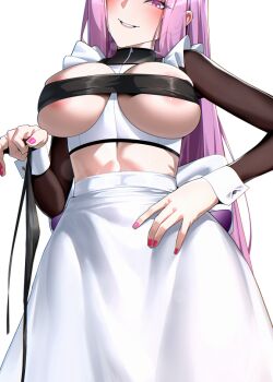1girl bandeau black_panties blush bra breasts commentary_request cupless_bra fate/stay_night fate_(series) forehead grin large_breasts long_hair long_skirt long_sleeves looking_at_viewer medusa_(fate) medusa_(rider)_(fate) midriff panties parted_bangs purple_eyes purple_hair sidelocks skirt smile solo tamamoice underwear unworn_panties very_long_hair white_skirt wrist_cuffs
