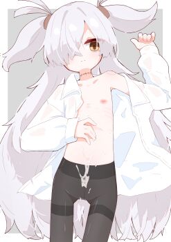 1girl absurdres bags_under_eyes black_pantyhose blue_archive border brown_eyes closed_mouth collared_shirt commentary_request cum cum_on_body cum_on_stomach flat_chest grey_background grey_hair hair_over_one_eye hand_up highres kanoe_(blue_archive) long_hair long_sleeves looking_at_viewer lying navel nipples on_back open_clothes open_shirt outside_border pantyhose protected_link puffy_long_sleeves puffy_sleeves rano_u_rabe scar scar_on_neck shirt simple_background solo thighband_pantyhose two_side_up very_long_hair white_border white_shirt