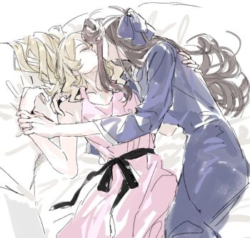 2girls 9urodine bare_shoulders bed_sheet black_sash blonde_hair blue_dress brown_hair closed_mouth collarbone dress face-to-face facing_another feet_out_of_frame flipped_bangs hair_flowing_over hair_ribbon hair_spread_out hand_on_another's_back hand_on_another's_shoulder hands_up highres holding_another's_wrist jewelry kiss long_hair lying multiple_girls on_side parted_lips pink_dress purple_ribbon ribbon ring saijou_claudine sash shoujo_kageki_revue_starlight sidelocks sleeveless sleeveless_dress tendou_maya three-quarter_sleeves wavy_hair wavy_sidelocks