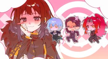 Rule 34 | 1boy, 3girls, :3, angela (project moon), binah (project moon), black cape, black coat, black eyes, black hair, black necktie, black suit, blue hair, blush, bngb love, cape, chibi, chinese commentary, cigarette, coat, commentary request, dot nose, eyelashes, formal clothes, gebura (project moon), heterochromia, high ponytail, highres, library of ruina, looking at viewer, multiple girls, necktie, open mouth, outline, pink background, ponytail, project moon, red hair, roland (project moon), running, scratches, shirt, sidelocks, smug, suit, white outline, white shirt, wide-eyed