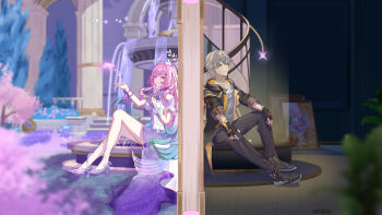 1boy 1girl aqua_hair black_coat black_pants breasts bug butterfly caelus_(honkai:_star_rail) coat commentary commentary_request cyrene_(honkai:_star_rail) cyrene_(ripples_of_past_reverie)_(honkai:_star_rail) dress english_commentary fountain gradient_hair grey_hair high_heels highres honkai:_star_rail honkai_(series) insect large_breasts long_hair mixed-language_commentary multicolored_hair pants pink_hair pointy_ears purple_eyes shi-er-shi shirt short_hair sitting smile stone_pillar thighs trailblazer_(honkai:_star_rail) two-tone_hair very_long_hair white_dress white_shirt yellow_eyes