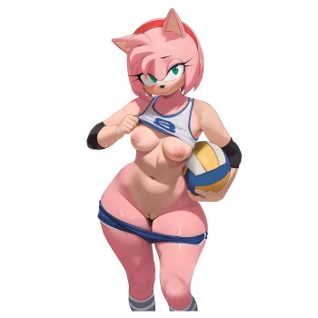 1girl alternate_costume amy_rose ball blue_shorts breasts cleft_of_venus clothes_lift clothes_pull collarbone commentary cowboy_shot dolphin_shorts elbow_pads english_commentary eyelashes furrowed_brow furry furry_female green_eyes highres holding holding_ball medium_breasts nipples pink_fur pussy shirt_lift shorts shorts_pull smewed smile solo sonic_(series) sportswear standing tank_top thigh_gap transparent_background v-shaped_eyebrows volleyball volleyball_uniform white_tank_top wide_hips