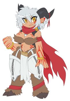 1girl aegiomon breasts digimon digimon_(creature) genderswap heavymetalpapi horns looking_at_viewer scar transparent_background