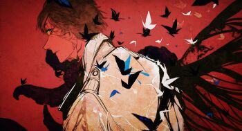 1boy black_butterfly blue_butterfly breasts brown_hair bug butterfly coat colored_sclera colored_veins cracked_clothes highres horaceswarcsal insect kim_dokja large_breasts looking_at_viewer male_focus omniscient_reader&#039;s_viewpoint open_clothes open_coat popped_collar red_eyes short_hair smirk solo tentacles white_butterfly white_coat wings yellow_sclera