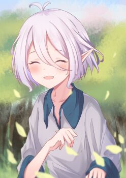Rule 34 | 1girl, :d, ^ ^, antenna hair, blush, closed eyes, collared shirt, commentary request, day, facing viewer, falling leaves, grey hair, grey pajamas, grey shirt, hair between eyes, highres, kokkoro (princess connect!), leaf, long sleeves, open mouth, outdoors, pajamas, pointy ears, princess connect!, riya (01214), shirt, smile, solo, tree